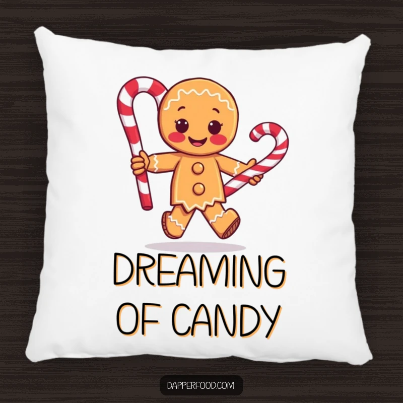 Funny throw pillow with a cute gingerbread man character running with a giant candy cane, offering plush comfort and a humorous holiday theme.