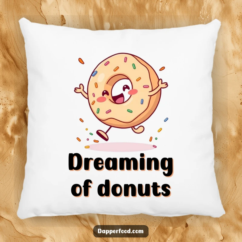 Funny Pillow showcasing a cheerful donut character bouncing a large sprinkle, offering comfort and sweetness.