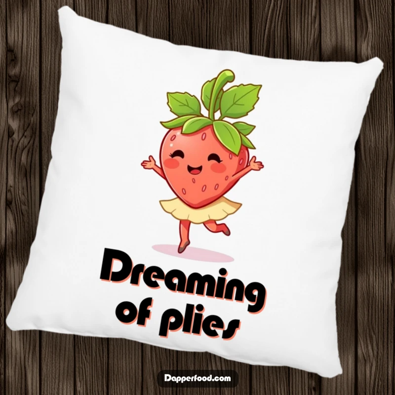 A happy strawberry character elegantly twirls with its leaves on this soft and funny pillow, perfect for decor.