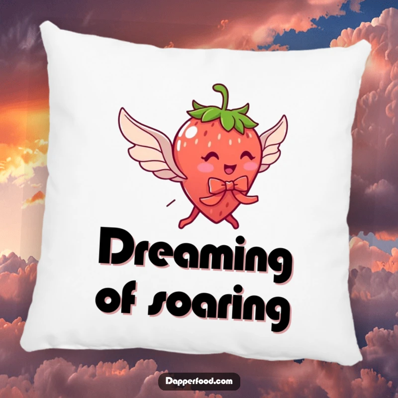 Funny pillow featuring a delightful strawberry character with legs, wearing a ribbon and wings, soft and whimsical.