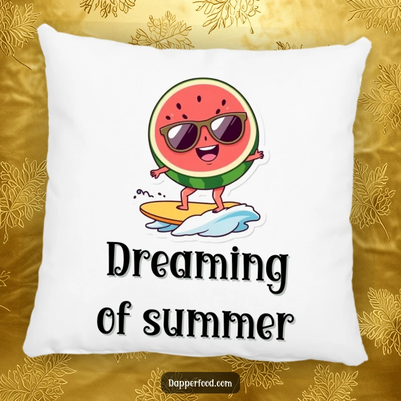 Funny watermelon surfer pillow, a plush slice with shades surfing a wave, perfect for lounging. A cuddly funny gift.