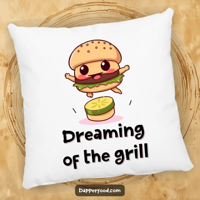 Funny pillow featuring a burger patty leaping over a pickle, offering comfort and motivational humor.