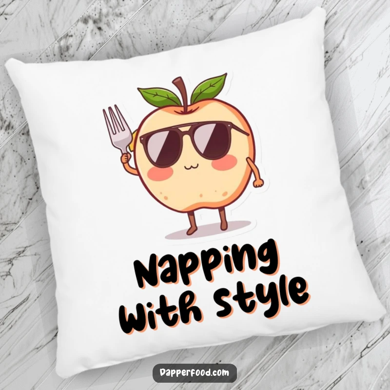Funny decorative pillow with a blushing apple character wearing sunglasses and saluting with a small fork, offering comfort and a cool vibe.