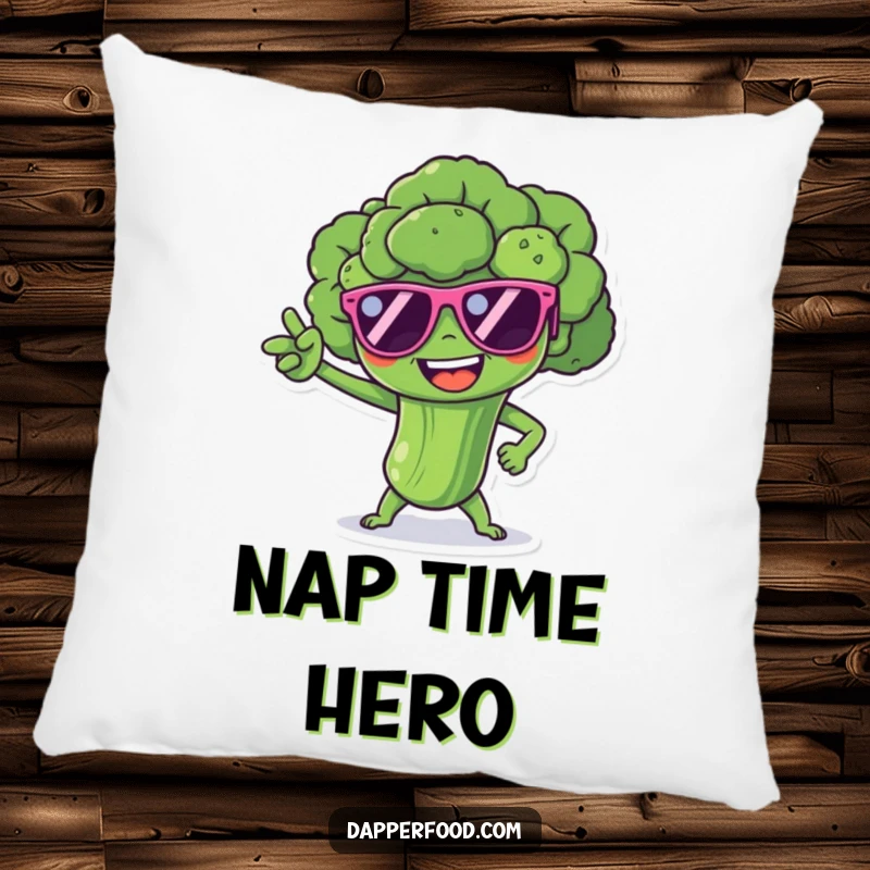 Funny broccoli spear character in tiny sunglasses, striking a superhero pose, a soft and humorous pillow.