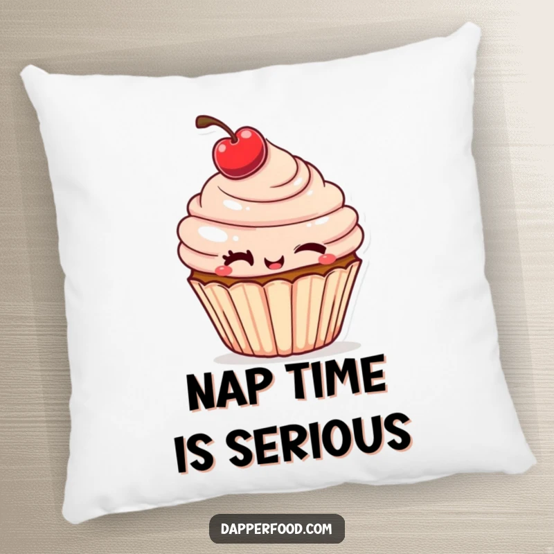 Funny Pillow with a cheeky cupcake winking mischievously, its cherry tilted, offering comfort and sweet humor.