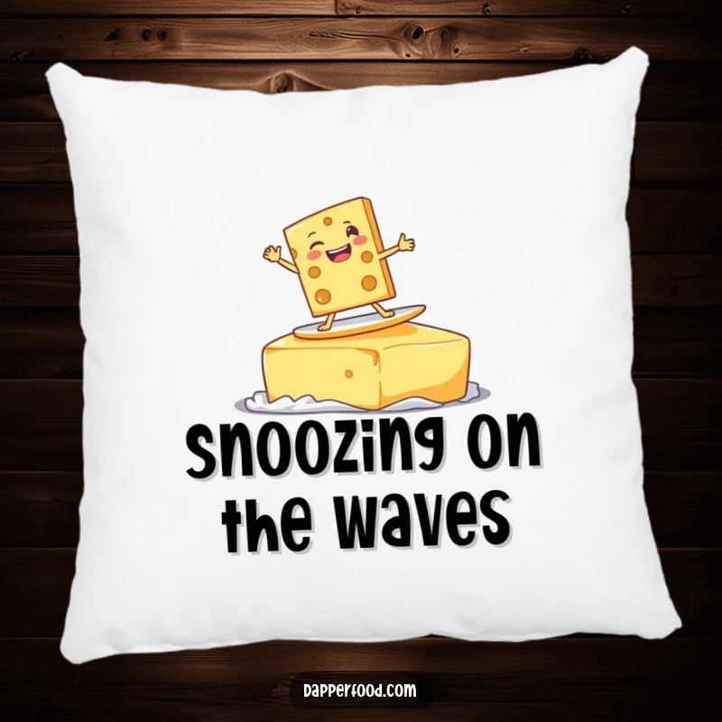 Funny delighted cheese slice character surfing on a giant pat of butter with a goofy grin, a soft and humorous pillow.