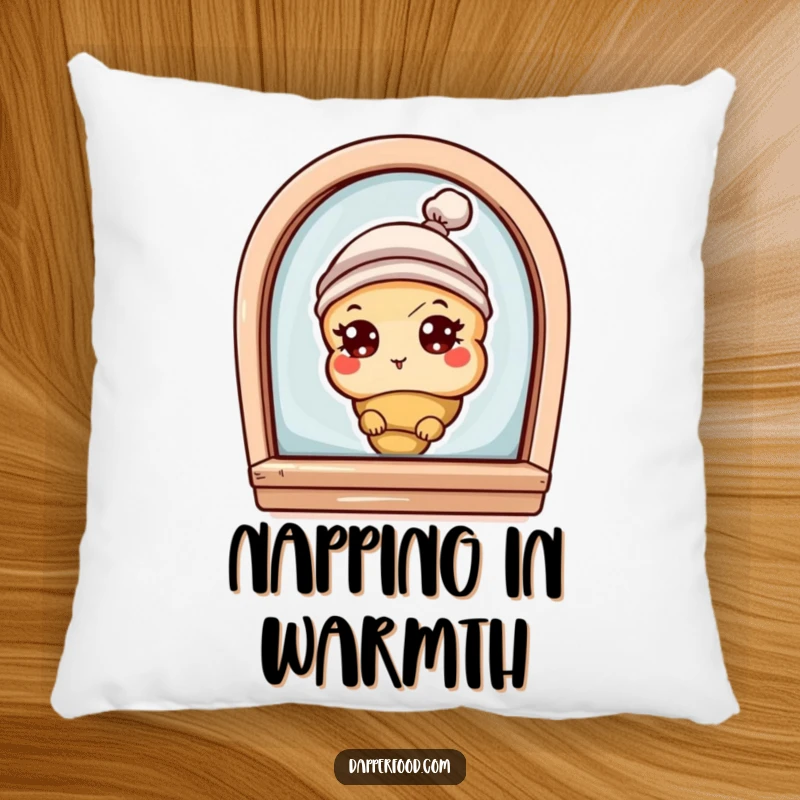 Funny pillow with a curious croissant character with eyes and a tiny hat, peeking from a bakery window, for cozy comfort.