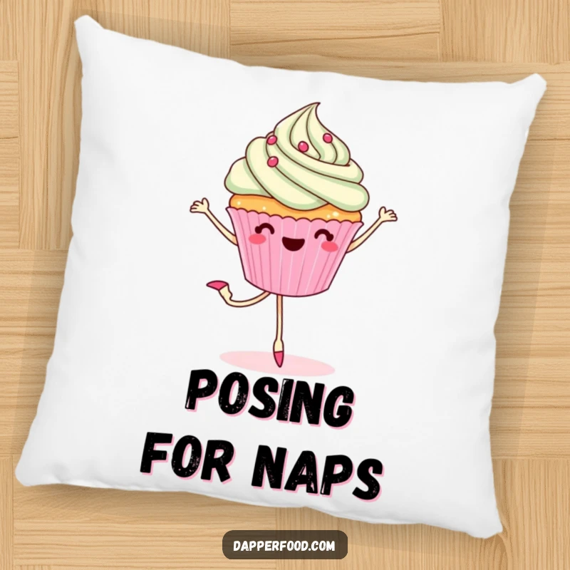 Funny pillow depicting a cheerful cupcake with legs in a ballet pirouette pose, offering comfort and sweet artistic flair.