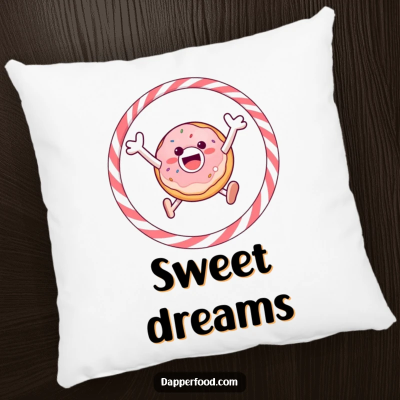 Funny pillow showcasing a gleeful donut jumping through a licorice hoop, offering plush comfort and cartoonish humor.