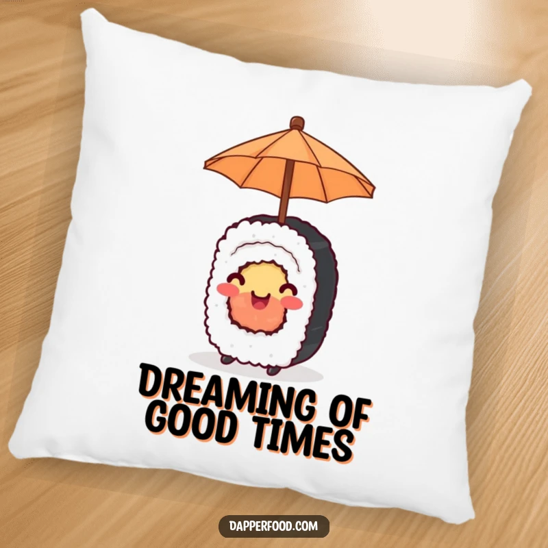 Funny Pillow with a happy sushi roll sheltering under a tiny umbrella, offering cute comfort and humor.