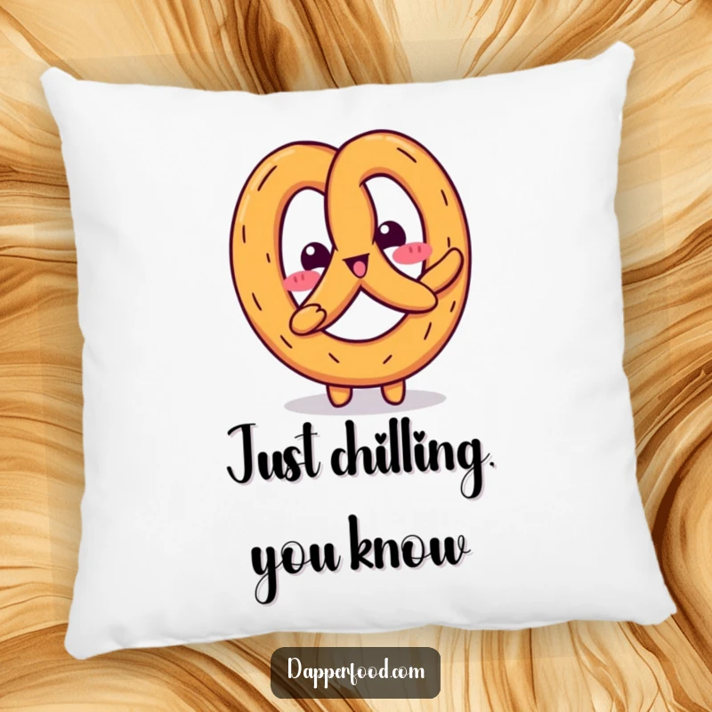 Funny Kawaii pretzel character snuggled adorably on a soft pillow, conveying comfort and playful, silly vibes.