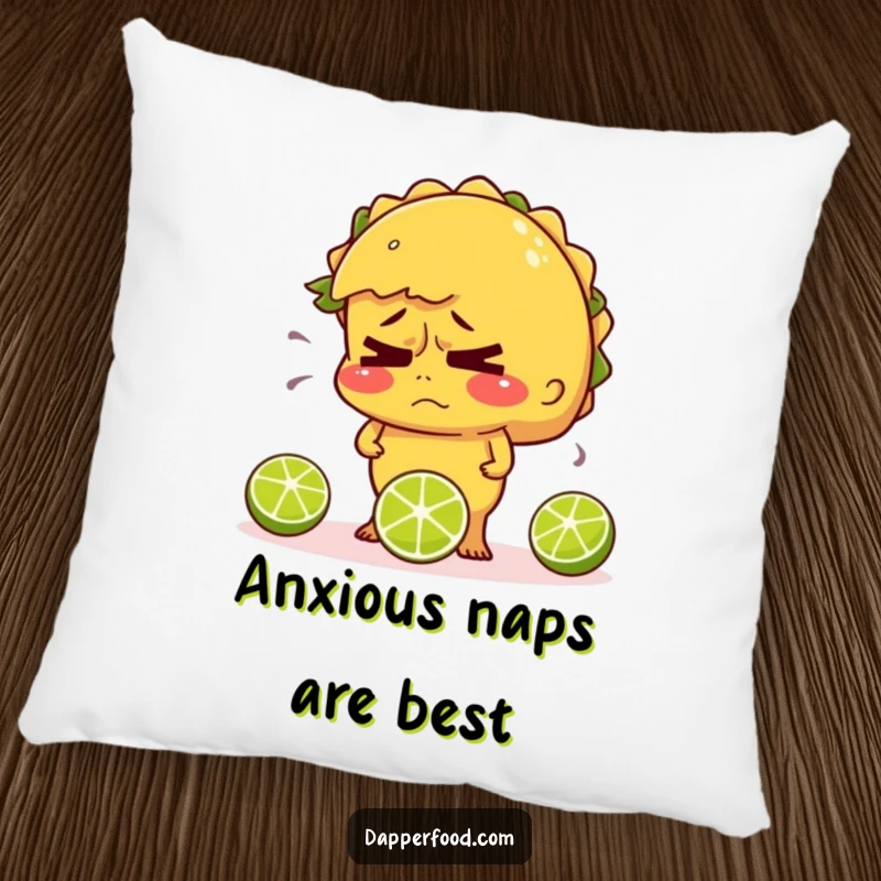 Funny pillow featuring a nervous taco sweating while juggling limes, offering comfort and relatable humor.