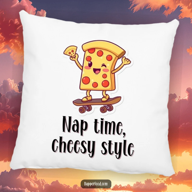 Funny pillow design of a cheerful pizza slice character balancing on a skateboard, one slice held high in a cool pose.