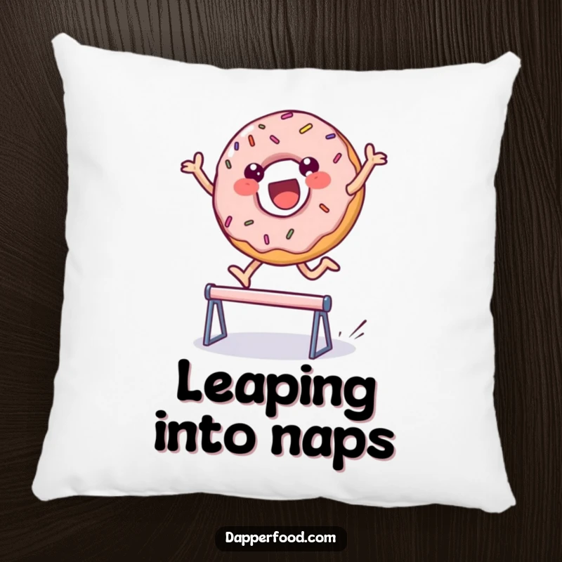Funny pillow featuring a delighted donut character with sprinkles, mid-leap, offering cozy comfort and a playful, food-themed decorative accent. Perfect funny gift.