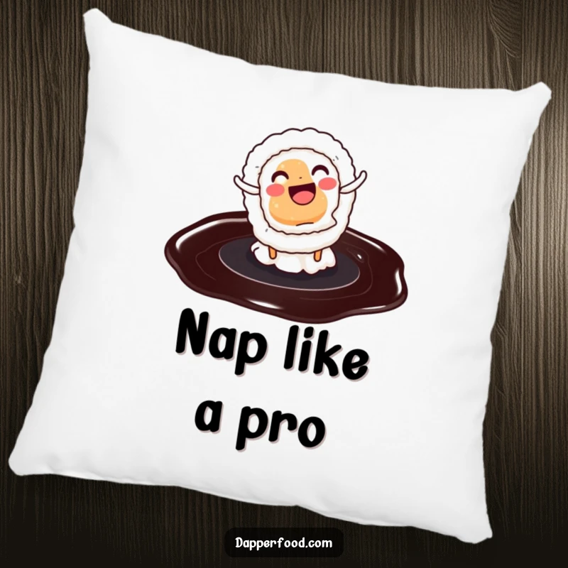 Funny pillow featuring a happy sushi roll doing a cartwheel on soy sauce, adding a touch of playful decor.