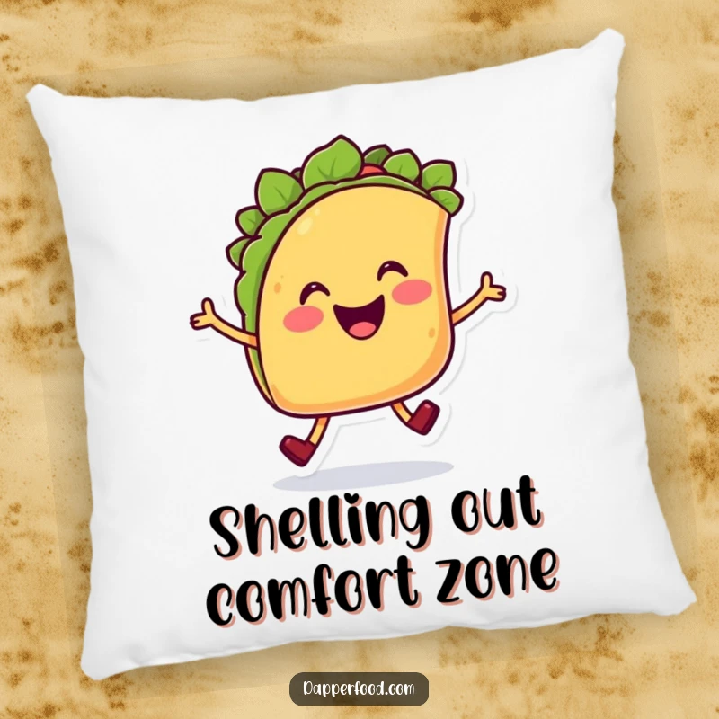 Funny Taco Hop Pillow featuring a cheerful smiling taco character with legs joyfully hopping, soft and humorous decor.