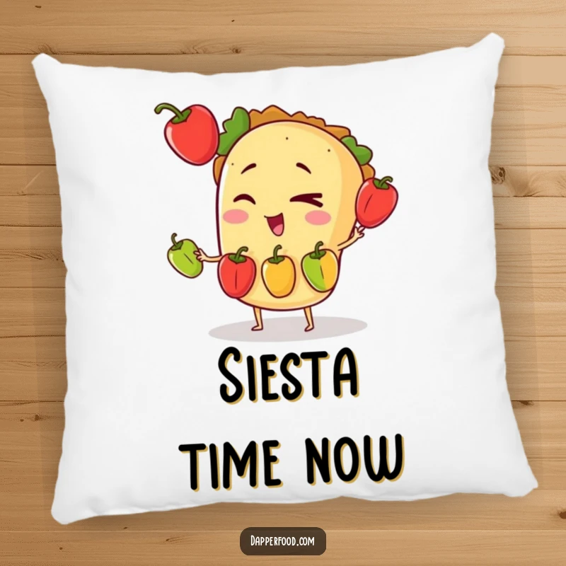 Funny pillow design of a winking taco character in the midst of juggling three tiny bell peppers, looking quite pleased.