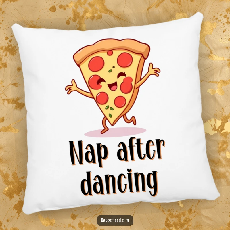 Funny pizza slice pillow, tiny legs in a flamenco pose, offering humorous comfort and a vibrant, cheerful decorative accent.