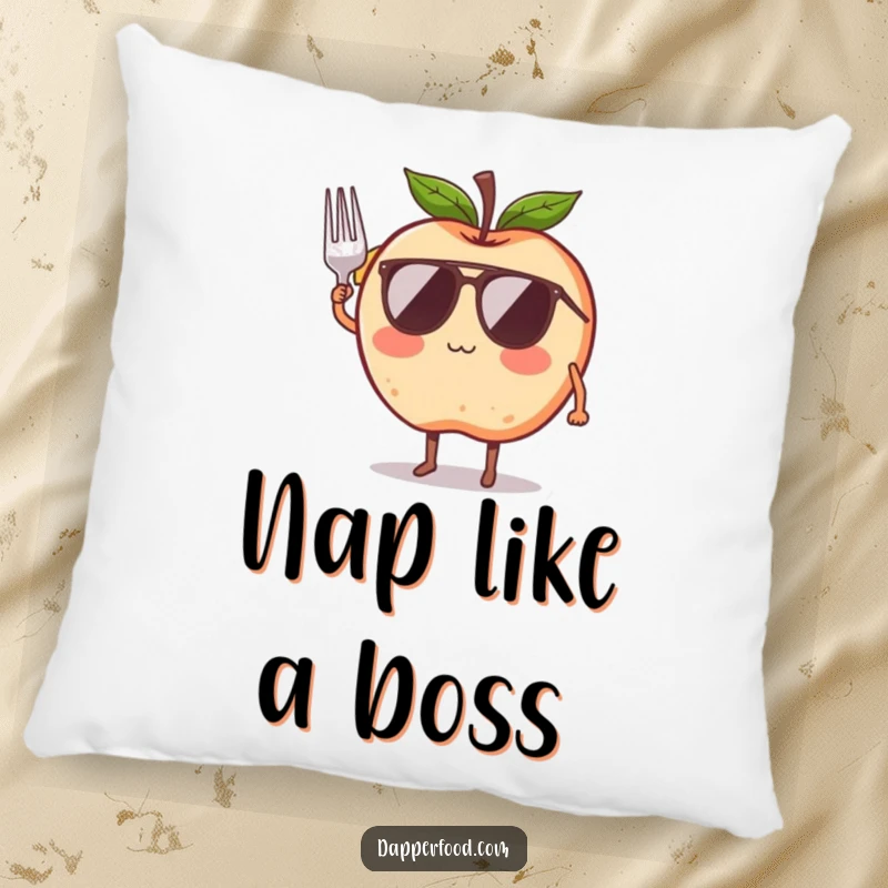 Funny pillow featuring a blushing apple character in sunglasses, saluting with a tiny fork, soft and humorous home decor.