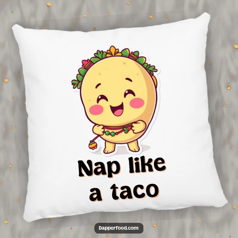 Funny taco pillow with a smiling anthropomorphic taco character shaking colorful maracas, offering soft, humorous comfort and festive decor.
