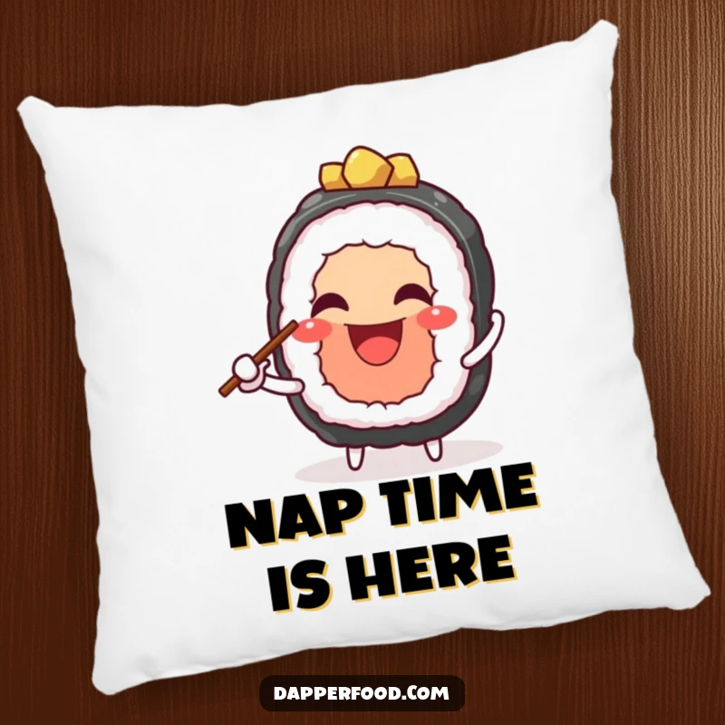 Funny pillow with a cheerful sushi character juggling chopsticks, offering cozy comfort and a delightful food-themed decorative accent. Perfect funny gift.