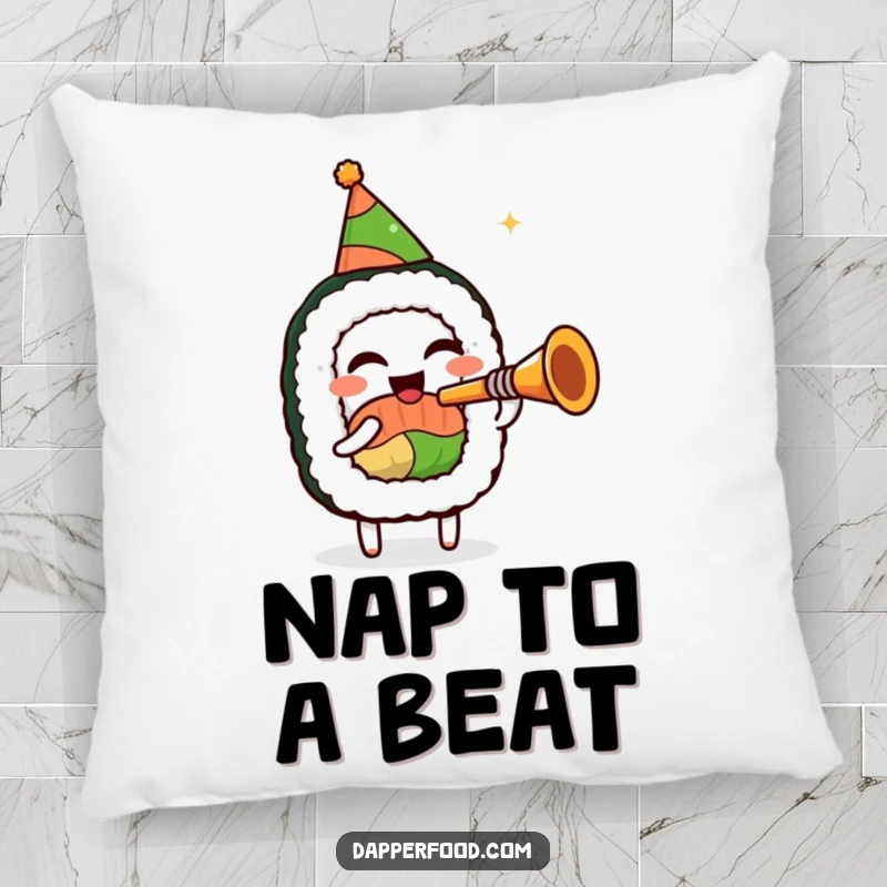 Funny sushi roll pillow, wearing a party hat, playing a miniature trumpet, offering humorous comfort and a festive decorative accent.