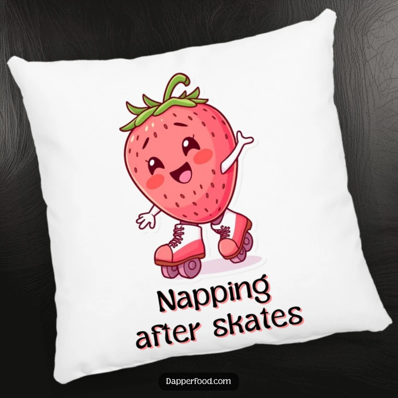 Funny strawberry character wobbling on roller skates, depicted on a soft, comfortable pillow for humorous decor.
