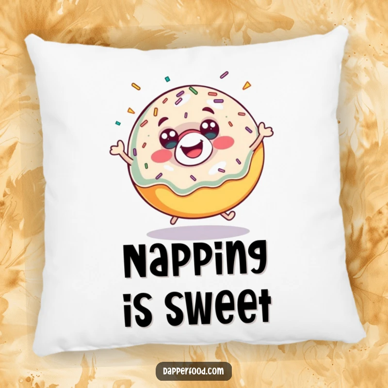 Funny donut bounce pillow, a plush donut character mid-bounce with sprinkles flying, perfect for cozying up. A cuddly funny gift.