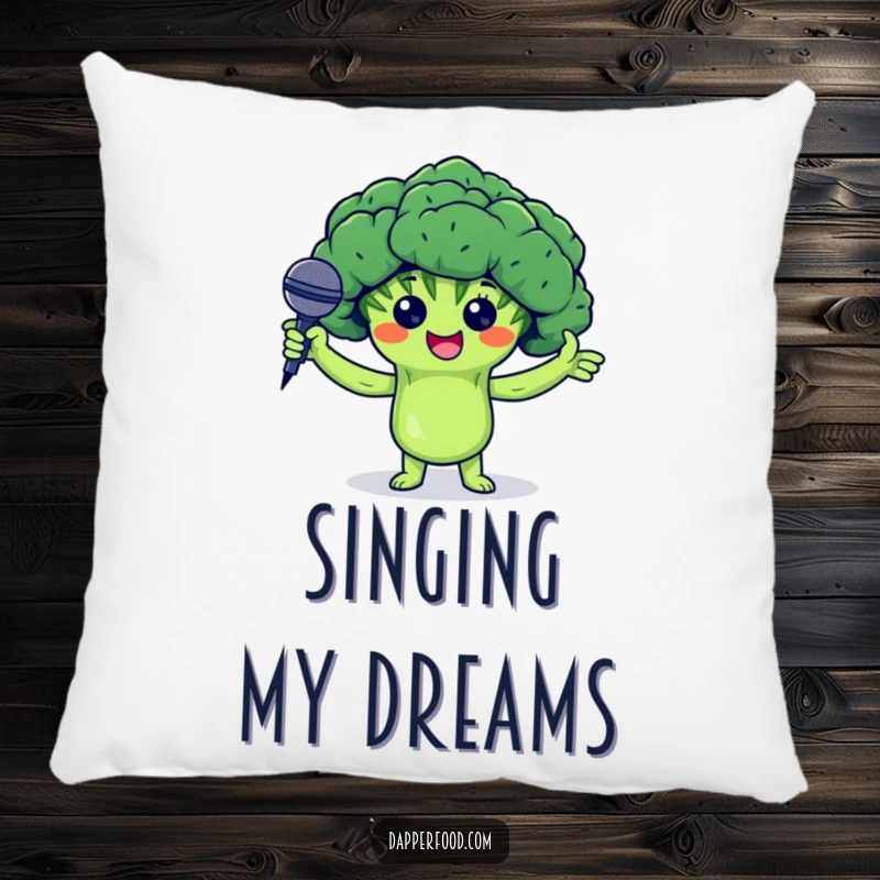Funny pillow featuring a proud broccoli floret character holding arms up and presenting a tiny microphone, soft and comedic.