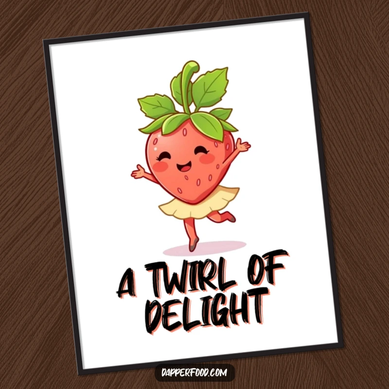 Funny anthropomorphic strawberry character doing a ballet twirl with its leaves, presented as digital art.