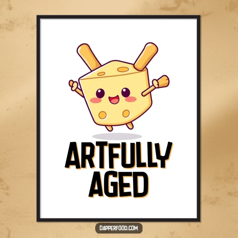 Funny digital art print of a happy cheese wedge using breadstick wings to fly, ideal for instant humorous wall decor.