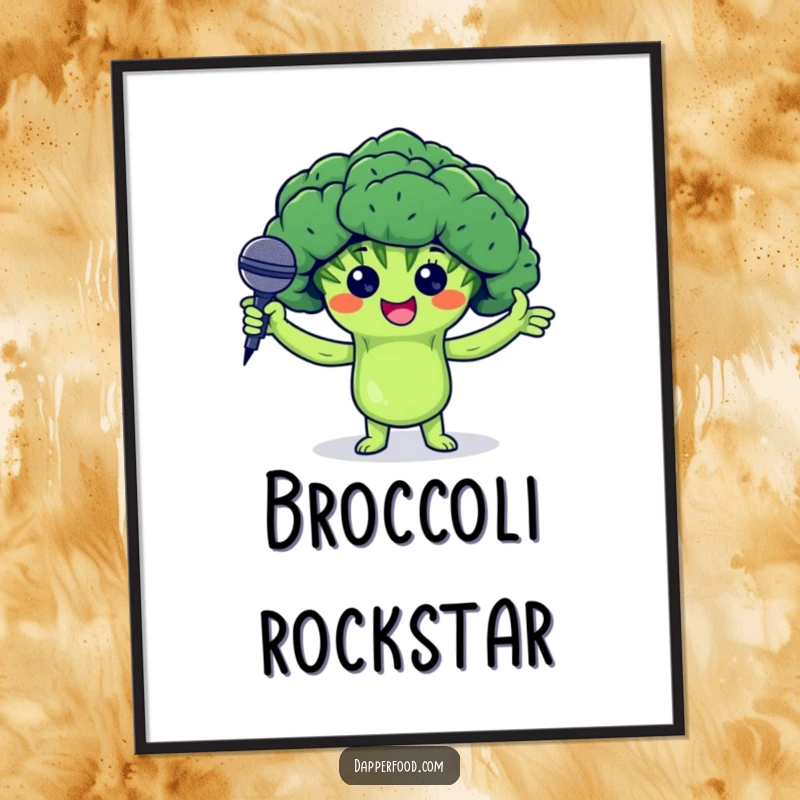 Funny digital art of a proud broccoli floret character holding a tiny microphone, ready to perform, adding a quirky and fun vibe.