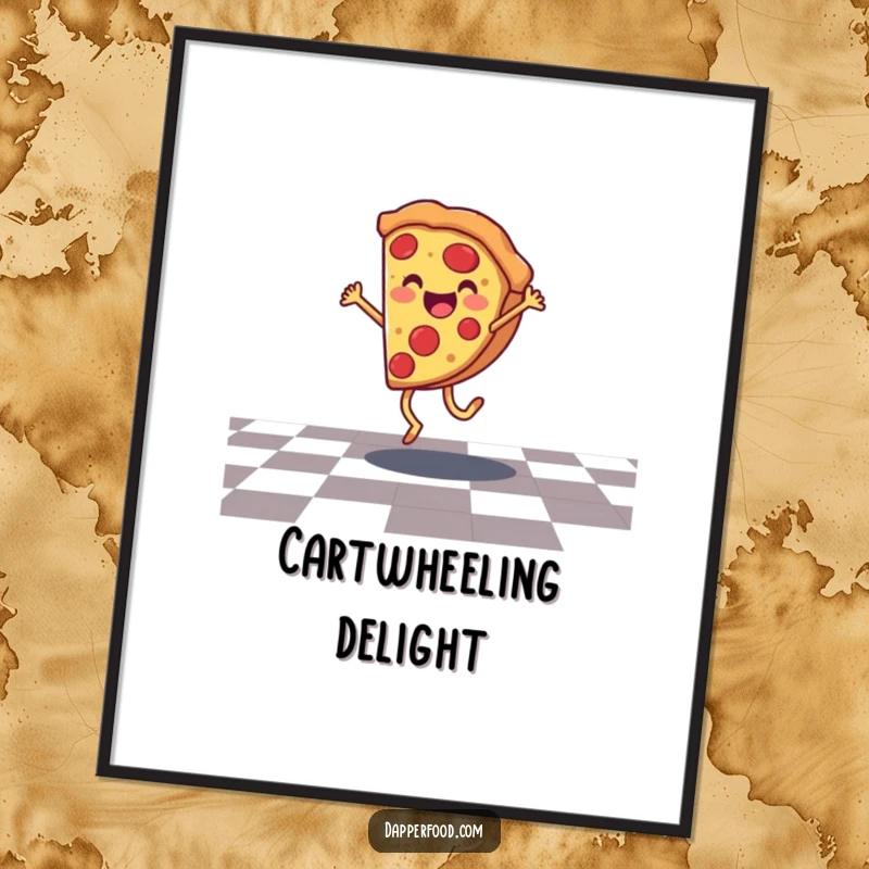 Funny pizza digital art print of a smiling character doing a cartwheel, conveying dynamic energy and cheesy joy.
