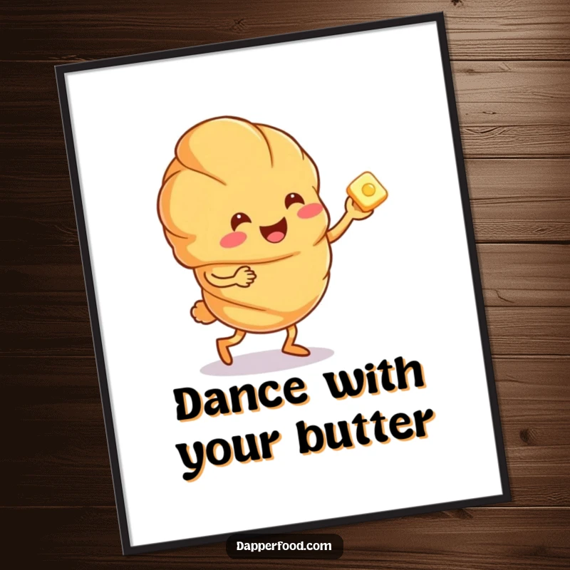 Funny anthropomorphic croissant character doing a joyful jig with a tiny butter pat, presented as a humorous digital art print.