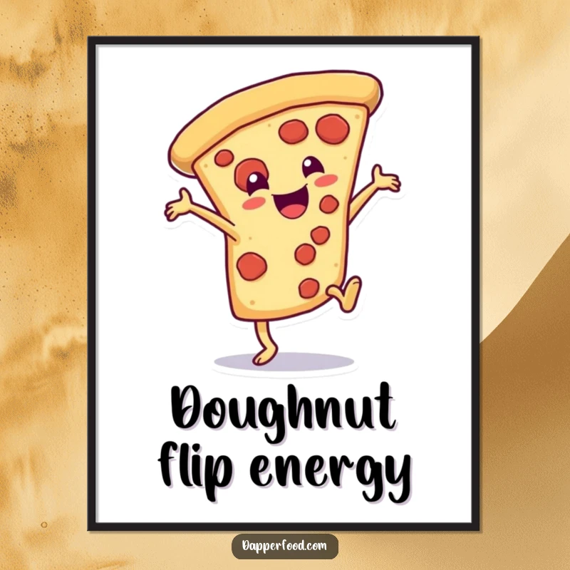 Funny Digital Art Print of a delighted pizza slice character doing a dramatic cartwheel, bringing instant energy.