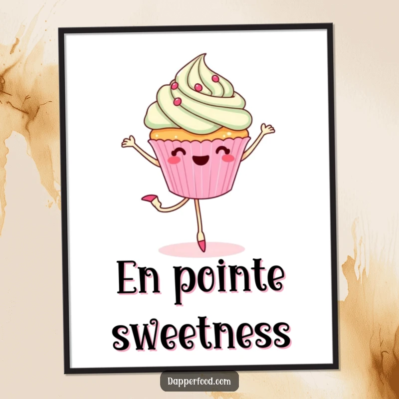 Funny digital art print of a cheerful cupcake with legs performing a ballet pirouette, capturing sweetness and artistic movement.