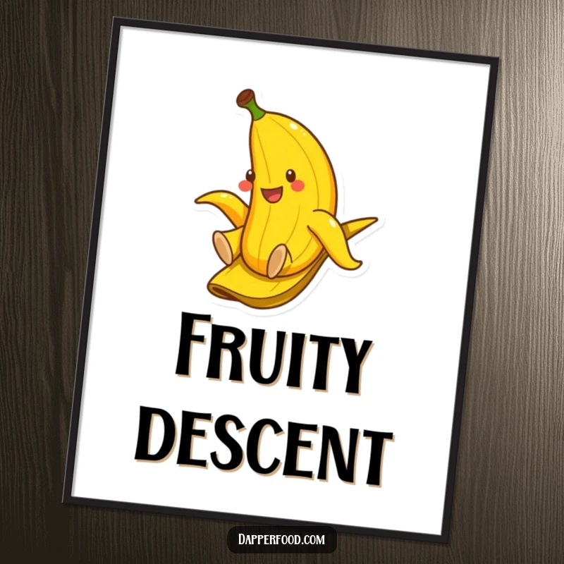 Funny digital art print of a smiling banana playfully sliding down a banana peel, perfect for instant humorous decor.