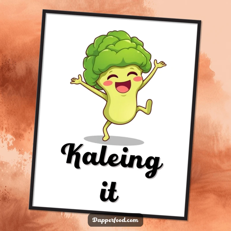 Funny broccoli floret character performing a jubilant cartwheel, available as a downloadable digital art print for humorous decor.