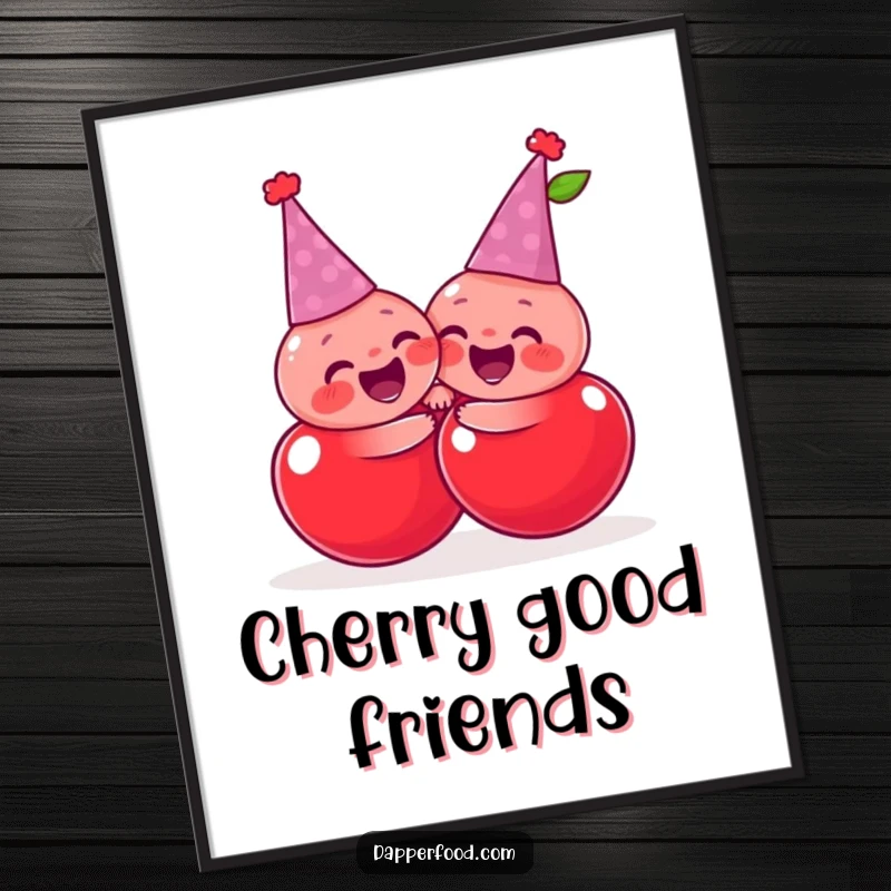 Funny giggling cherries wearing tiny party hats, sharing a joyful, exaggerated hug, a humorous digital art print.