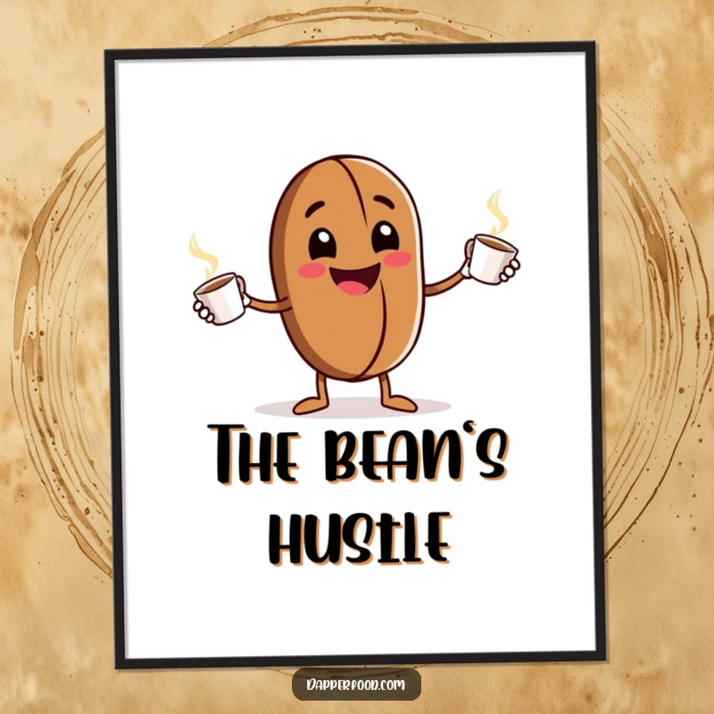 Funny Digital Art Print: Grinning anthropomorphic coffee bean character enthusiastically juggles tiny steaming cups, energetic artwork, downloadable for immediate display.