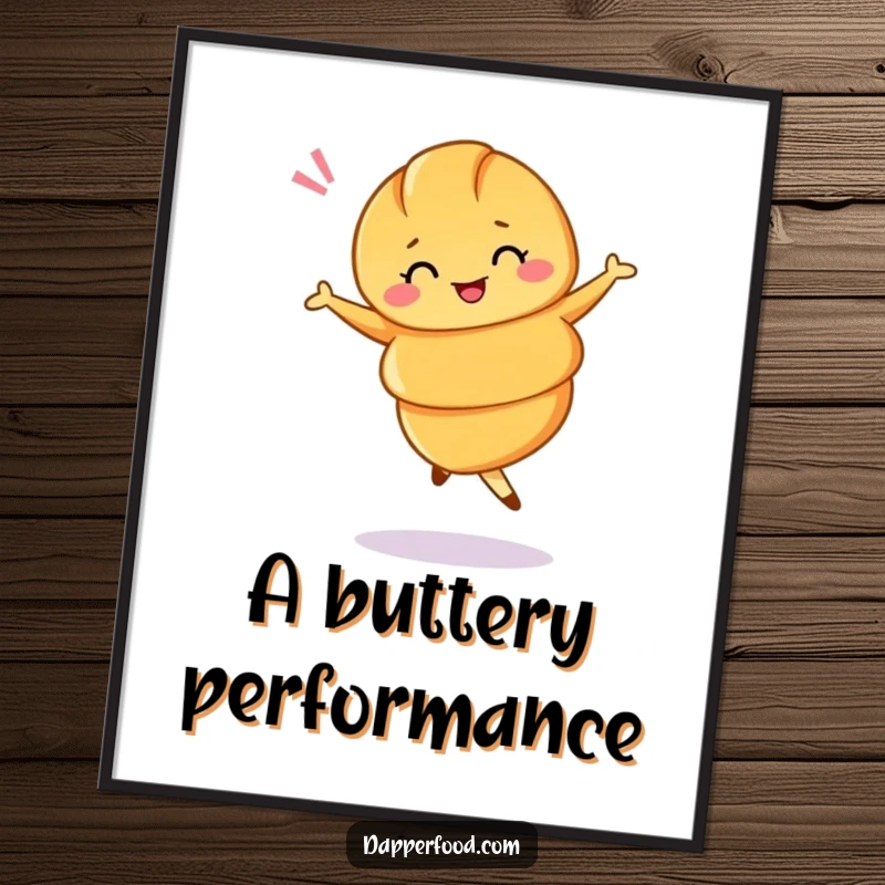 Funny digital art print of a croissant doing a ballet twirl with a wink, adding chic humor.