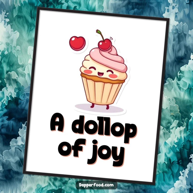 Funny digital art print showing a blushing cupcake character mid-toss with a bright red cherry, full of playful energy.