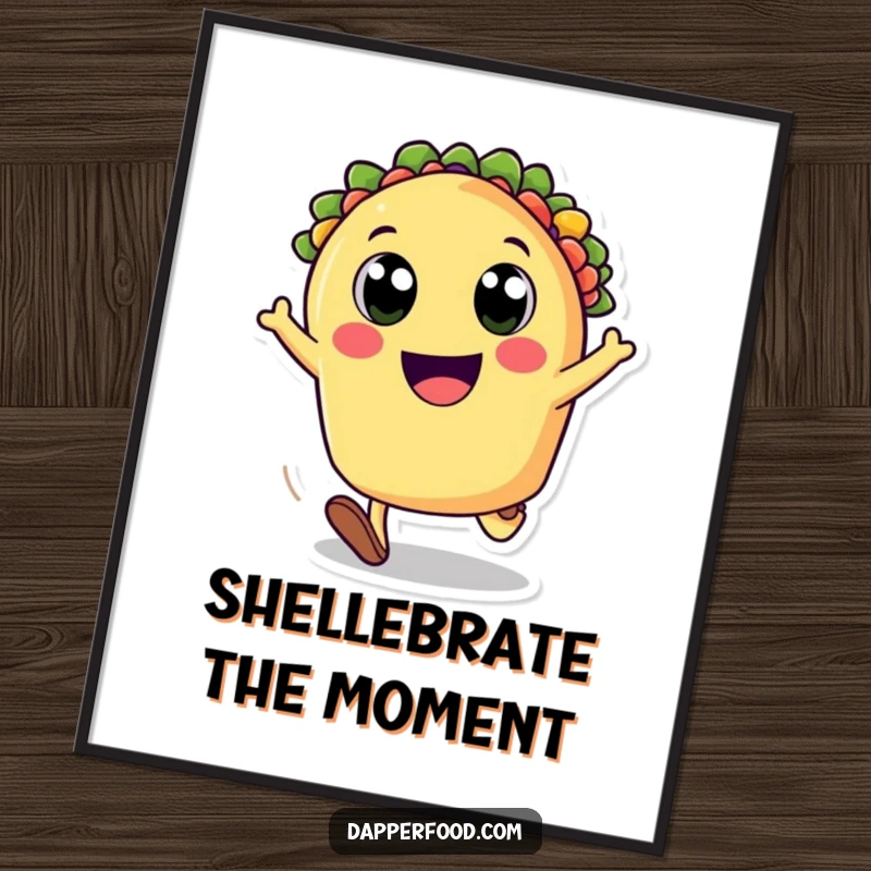 Funny digital art print of a happy taco character cartwheeling with pure elation, perfect for vibrant, joyful home decor. Instant funny gift.
