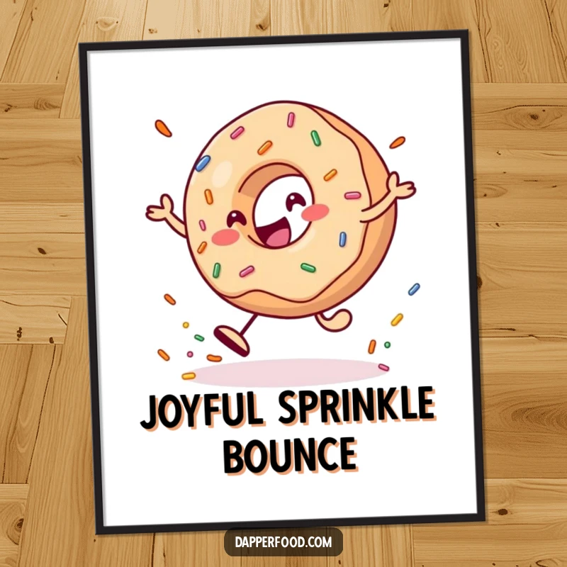 Funny Digital Art Print of a cheerful donut character playfully bouncing a giant sprinkle, bringing instant sweetness.