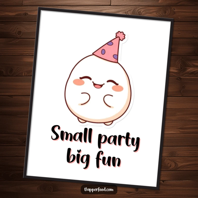 Funny digital art print of a cheerful dumpling winking while wearing a comically small party hat, perfect for instant festive decor.