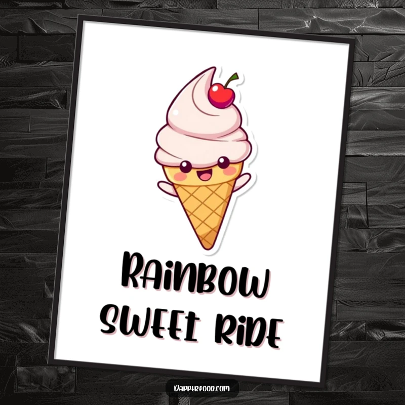 Funny Ice Cream Digital Art Print of a happy cone character with cherry topping, sliding down a rainbow, ready to bring sweet joy to your walls.