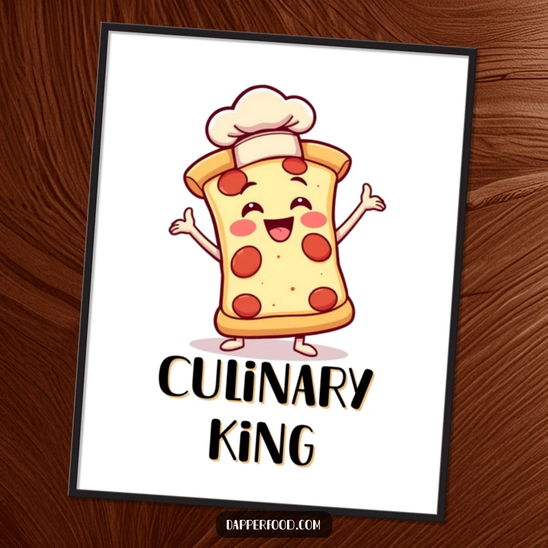 Funny digital art print of a joyful pizza slice in a dramatic pose wearing a tiny chef hat, bold and humorous.