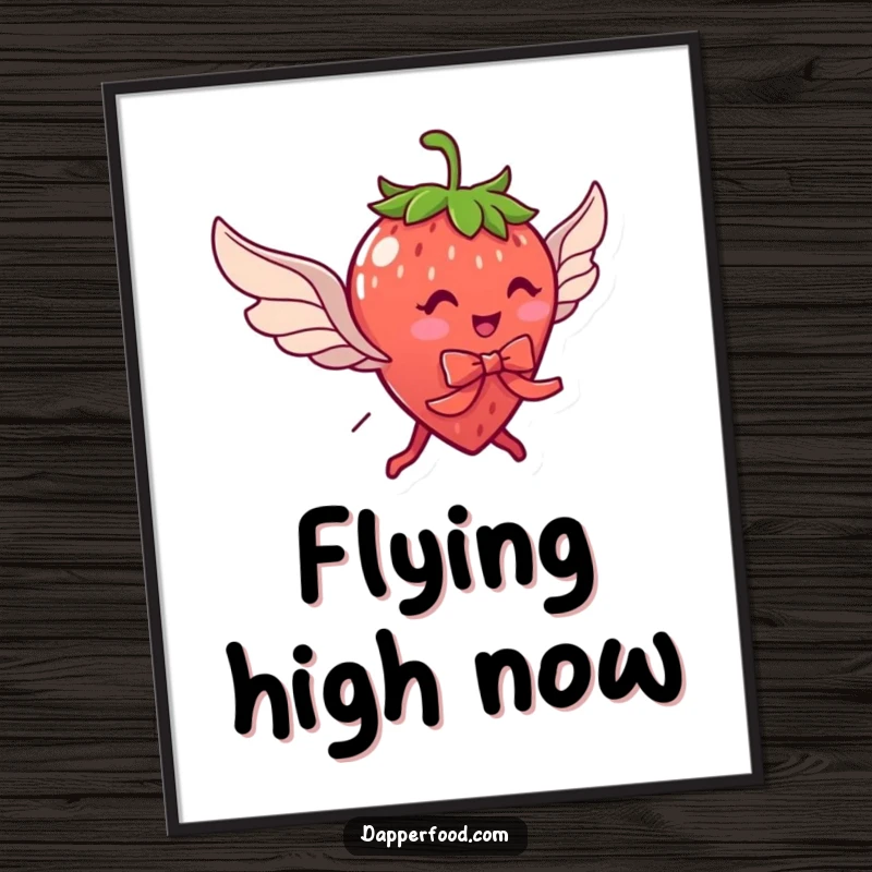 Funny digital art print of a delightful strawberry character with legs and wings, comically attempting flight with a ribbon, for instant decor.