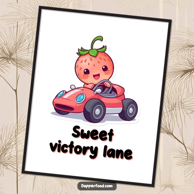 Funny strawberry racer digital art print featuring a smiling character in a tiny race car, perfect for instant humorous decor.