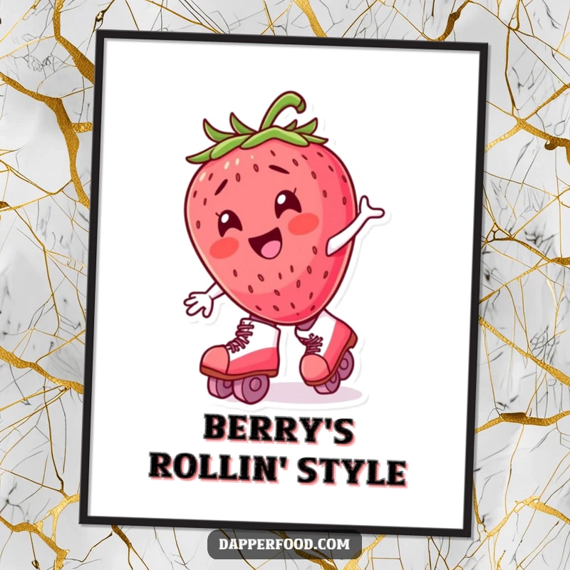 Funny anthropomorphic strawberry character wobbling on roller skates, presented as a vibrant and humorous digital art print.